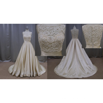 Champagne Color Lace Applique Stain Wedding Dress